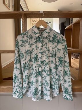 Women’s White Button-Up Shirt with Green Toile Print